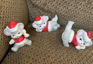 Vtg Set of 3 Porcelain Tumbling CHRISTMAS MICE Santa Hats - Picture 1 of 7