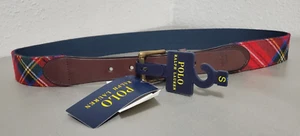 Polo Ralph Lauren Red Plaid Needlepoint/Calf-leather Single Prong Mens Belt - Picture 1 of 8