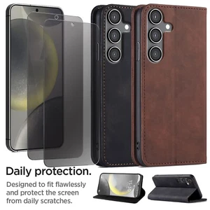 For Galaxy S24/S24+/S24 FE Leather Magnetic Case Cover Screen Protector Privacy - Picture 1 of 25