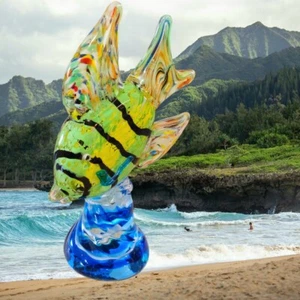 Multi-Color Hand Blown Art Glass Fish Figurine Paper Weight 9.5" High x 6.5 Wide - Picture 1 of 3