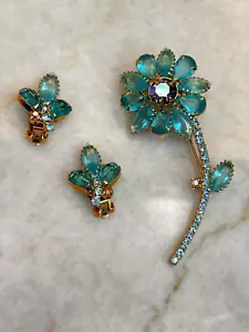 Juliana D & E Aqua Blue Rhinestone Flower Demi Parure: CAN U SAY STUNNING? - Picture 1 of 14