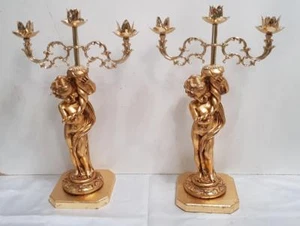 COPPIA CANDELIERI CON ANGELO A 3 FIAMME IN LEGNO E CERAMICA FOGLIA ORO - Imagen 1 de 1