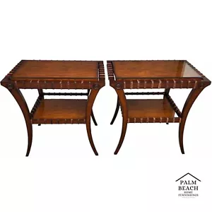Vintage Teak Klismos Side Tables With Glass Pair - Picture 1 of 15