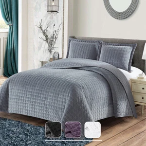 Plush Velvet Quilted Checkered Style Coverlet 2-3 PC Set Bedspread All Seasons - Picture 1 of 21