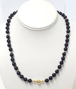 14K Gold Station Black Onyx 8mm Bead Necklace Hand Knotted Vintage 19" Long - Picture 1 of 12