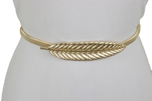 Women Gold Metal Stretch Waistband Narrow Fashion Belt Leaf Flower Tree S M L - Picture 1 of 12