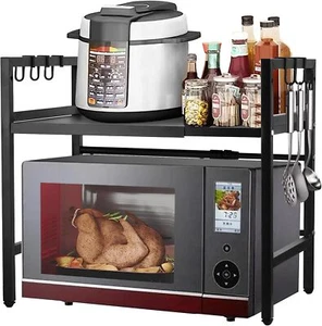 Mikrowellenhalter Küchenregal Ausziehbarer 2 Ebenen Mikrowellenregal mit 6 Haken - Bild 1 von 13