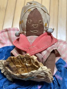 Antique Vintage Handmade Folk Art African Black Americana Rag Doll With Basket - Picture 1 of 9