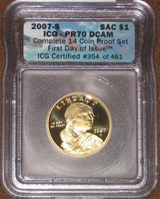 2007 S Sacagawea Proof Dollar ICG Grade PR70 DCAM PF First Day Issue 1$ SAC - Image 1 of 2