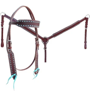 Western Horse Turquoise stitched Headstall Breast Collar Set Tack Leather - Picture 1 of 4