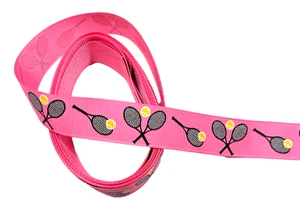 3 yards 7/8" Tennis Racquets with Ball on Pink Grosgrain Ribbon 100% polyester - Picture 1 of 5