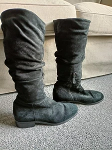 John Lewis Comfort Black Suede Low Heeled  Knee Length  Slouch Boots - Picture 1 of 6