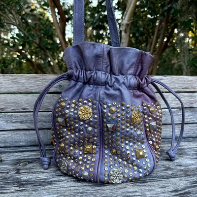 Vintage Bucket & Drawstring Studded Bag Purple Leather Beaded Boho Purse 80s - Image 1 of 4