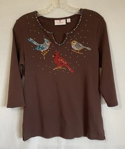 Top Quacker Factory Bird pequeño marrón mangas 3/4 pedrería elástico para mujer” - Imagen 1 de 10