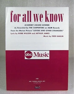 For All We Know, partituras, 1970, ABC Music,   - Imagen 1 de 3