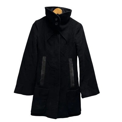 Mackage Women's XS Wool/Cashmere Belted Black High Neck Peacoat Leather Trim guc - Image 1 of 4