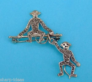 Prendedor de monos de fantasía para damas con piedras preciosas de marcasita - plata de ley .925 - Imagen 1 de 3