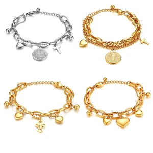Women Girls Saint Benedict Exorcism Cross Heart Charm Stainless Steel Bracelet - Picture 1 of 18