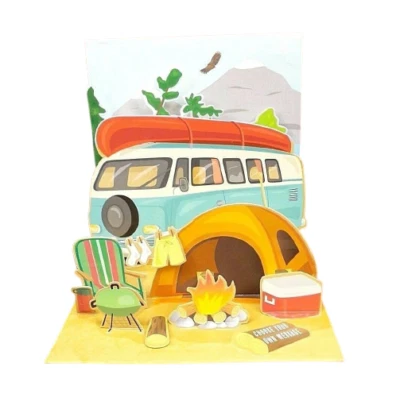 Happy Camper Greeting Card Any Occasion 3D Pop Up VW Van Camping Treasures - Image 1 of 4