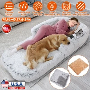 Large Foldable Human-Sized Pet Dog Bed Blanket Zipped Removable Cover w/ Pillow - Picture 1 of 15