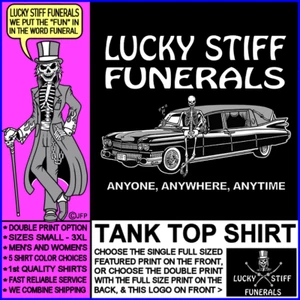 LUCKY STIFF FUNERALS Jeder überall jederzeit Skelett Beerdigung Leichenwagen Tank Top - Bild 1 von 24