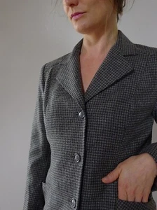 Vintage 70s 10 S fitted wool houndstooth wool grey short jacket blazer EXC - Bild 1 von 9