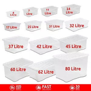 Clear Plastic Storage Boxes with Lids Stackable UK Made Box Home Office Kitchen - Picture 1 of 20