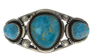 Natural Kingman Turquoise Row Bracelet By Navajo Artist Mike Begay - Picture 1 of 5
