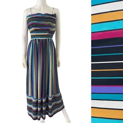 复古 70 年代 80 年代 Bill Blass 连衣裙,S/M 彩虹条纹长裙 — 第 1/4 张图片