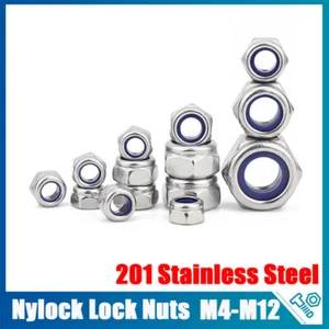STAINLESS STEEL 201 MARINE GRADE NYLOC NYLOCK NYLON INSERT NUT NUTS M4 TO M12 - Picture 1 of 21