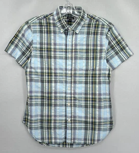 J Peterman Shirt Mens Medium Button Up Blue Green Plaid Madras Crinkle Cloth M - Picture 1 of 11