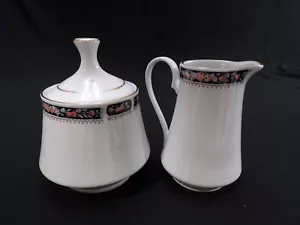 Remington Fine China Cream & Sugar /Lid Floral Border w Black Accent & Gold Trim - Picture 1 of 9
