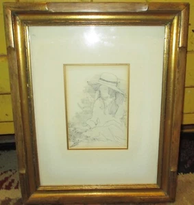 Original Anna Patricia Sedlac Framed Ink on Paper Boho Hippie Girl Flowers 1970 - Picture 1 of 6