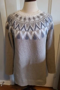ANN TAYLOR Fair Isle Camel Gray Ivory Nordic Aztec Mohair & Wool Sweater Sz M - Picture 1 of 7