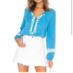 Line and Dot Revolve blue pom pom deliah bishop long sleeve blouse size S boho - Picture 1 of 8