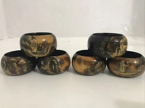 Napkin Rings Victorian Vintage-Theme Hand-Painted Bamboo Black Lacquered Set 6 - Picture 1 of 10