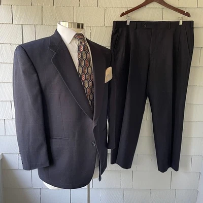 Traje elegante Halston vintage de los años 80 azul oscuro y gris a cuadros 2 botones para hombre talla 46 Foto 1 de 4