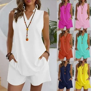 Ladies 2PCS Tracksuit Vest Tank Tops+Pocket Shorts Outfits Co Ords Set Plus Size - Picture 1 of 18