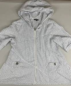 For Cynthia Linen Zip Up Hooded Jacket Women's XL Blue Striped Lagenlook Cottage - Picture 1 of 16