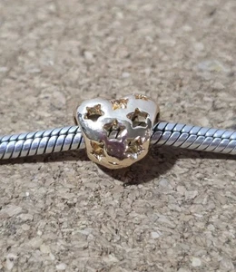 2 Authentic Heart With Cutout Stars Gold Over Silver Spacer European Charm Bead - Picture 1 of 3