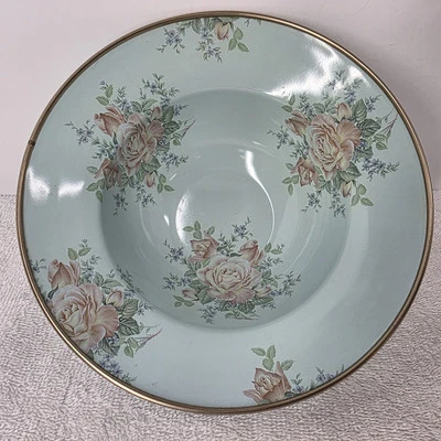 MacKenzie Childs 1995 Camp Blue Pressed Flowers Enamel 8" Salad Bowl - Image 1 of 4