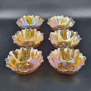6X Vintage Amber Indiana Carnival Glass Iridescent Daisy Sunflower Bowl Dish - Picture 1 of 11