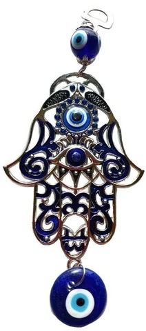 Hamsa Hand of Fatima Evil Eye Wall Hanging 8" Length Pewter & Blue Glass Decor Cover