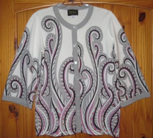 BOB MACKIE Wearable Art Button CARDIGAN SWEATER White Pink Gray Black DESIGN S - Picture 1 of 3