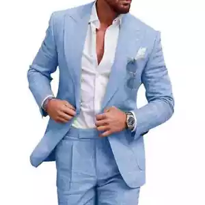 Mens Linen Suit for Beach Wedding Slim Fit 2 Piece Wedding Tuxedo for Men Casual - Picture 1 of 30