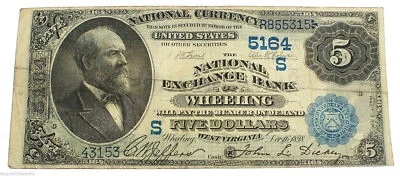 1882 Five Dollar $5 Bill National Currency Wheeling West Virginia 5164 Banknote - Image 1 of 2