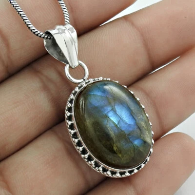 Frauen Geschenk Labradorit Edelstein Anhänger 925 Sterling Silber Schmuck V26 - Bild 1 von 4