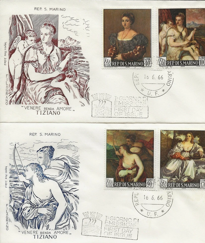 S.MARINO, 1966 BUSTE PRIMO GIORNO TIZIANO - Immagine 1 di 1