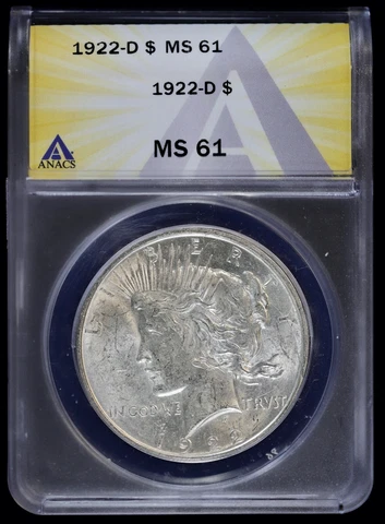 1922 D $1 ANACS MS 61 (BU Uncirculated Mint State) Peace Silver Dollar Cover