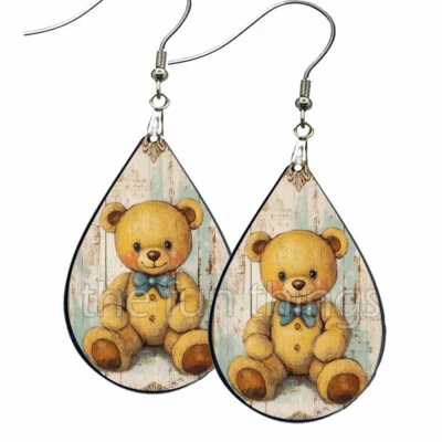 Rustic Retro Style Teddy Bear Earrings Teardrop NO TARNISH Wood Dangle - Image 1 of 4